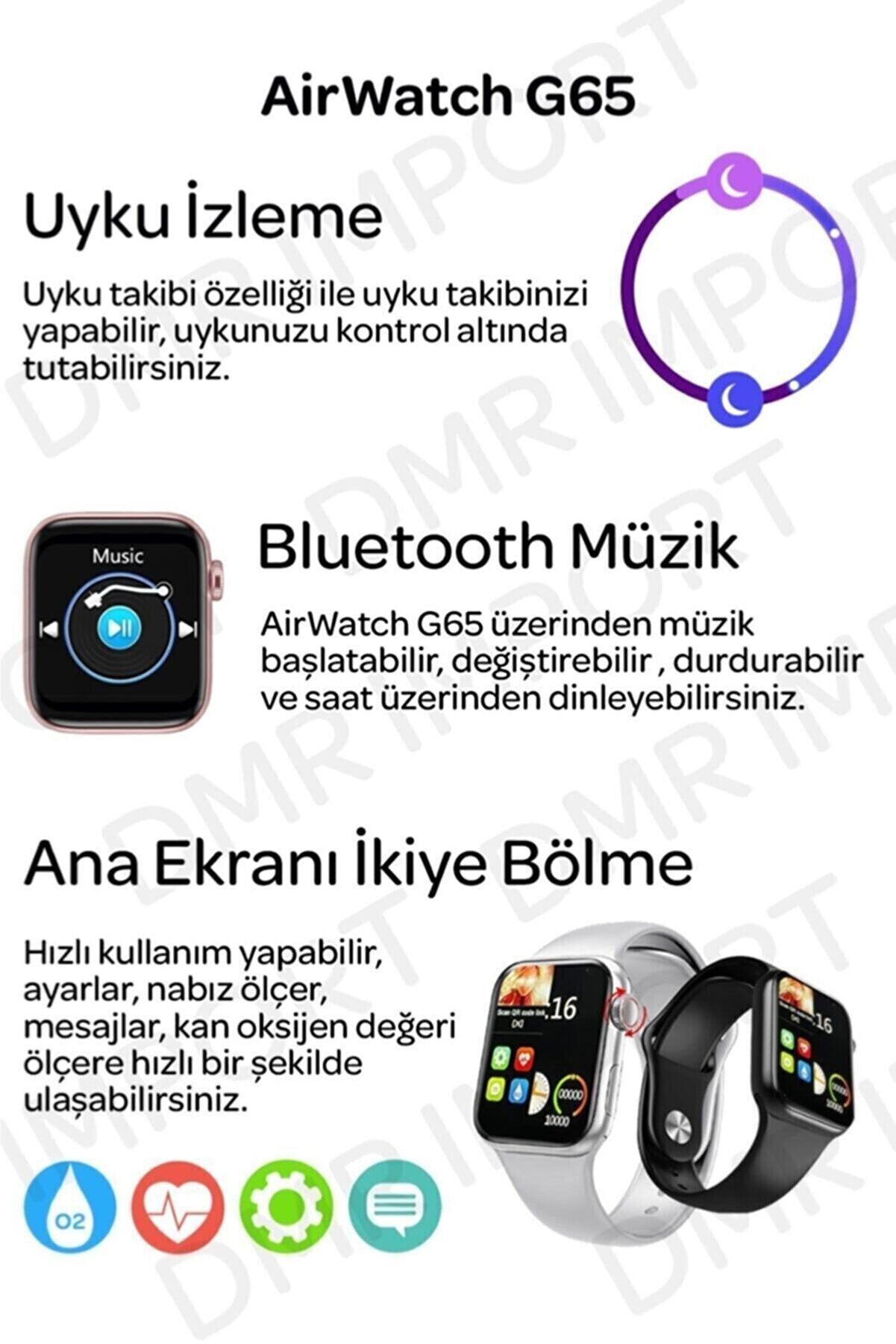 BLUE İNTER G65l Akıllı Saat Suya Dayanıklı Ateş & Nabız Ölçer Çok Fonksiyonlu Ios Ve Android Uyumlu